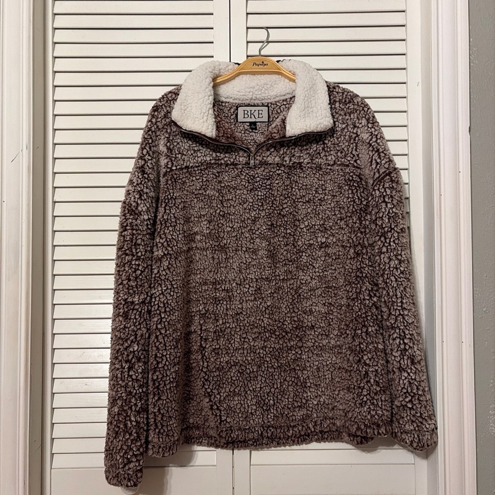 BKE Brown Sherpa Quarter-Zip Jacket with Cream Collar